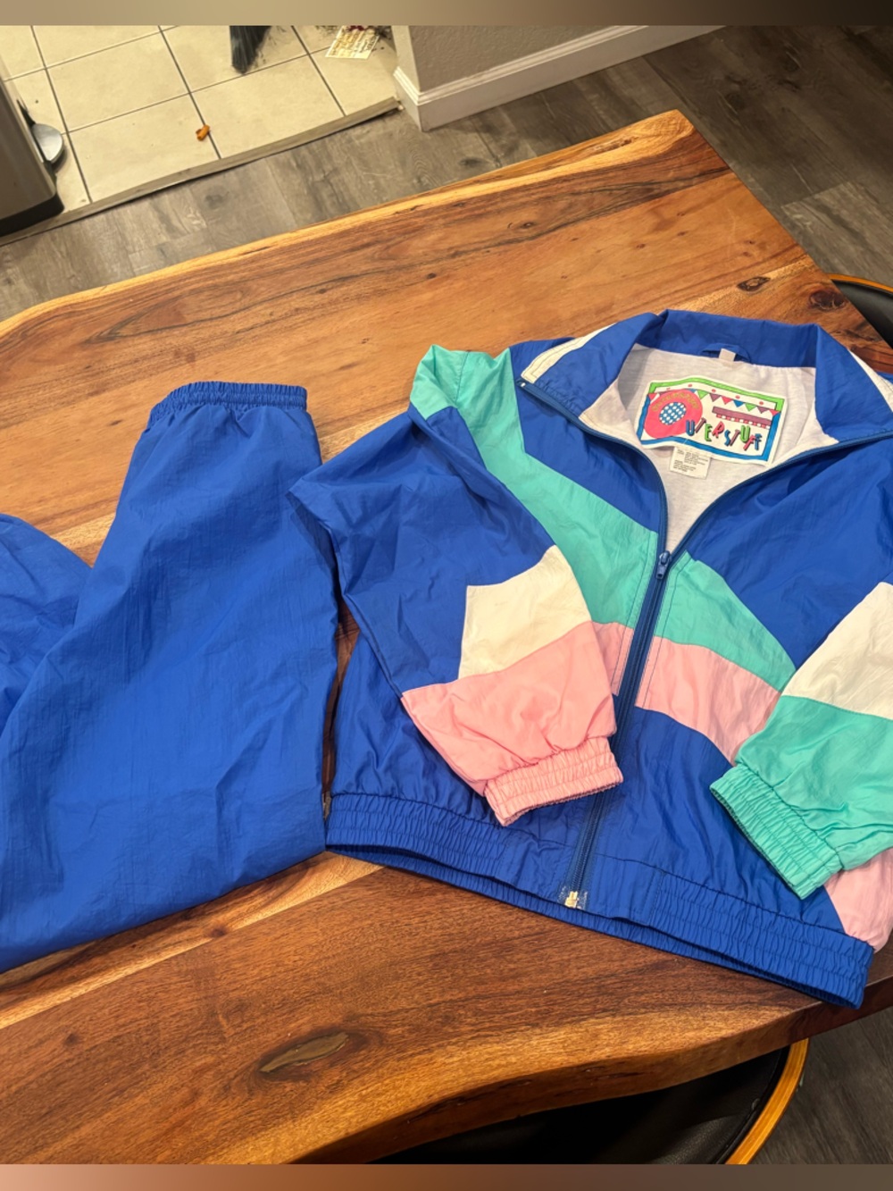 Retro Blue Colorblock Kids Matching Set - Windbreaker Jacket & Pants